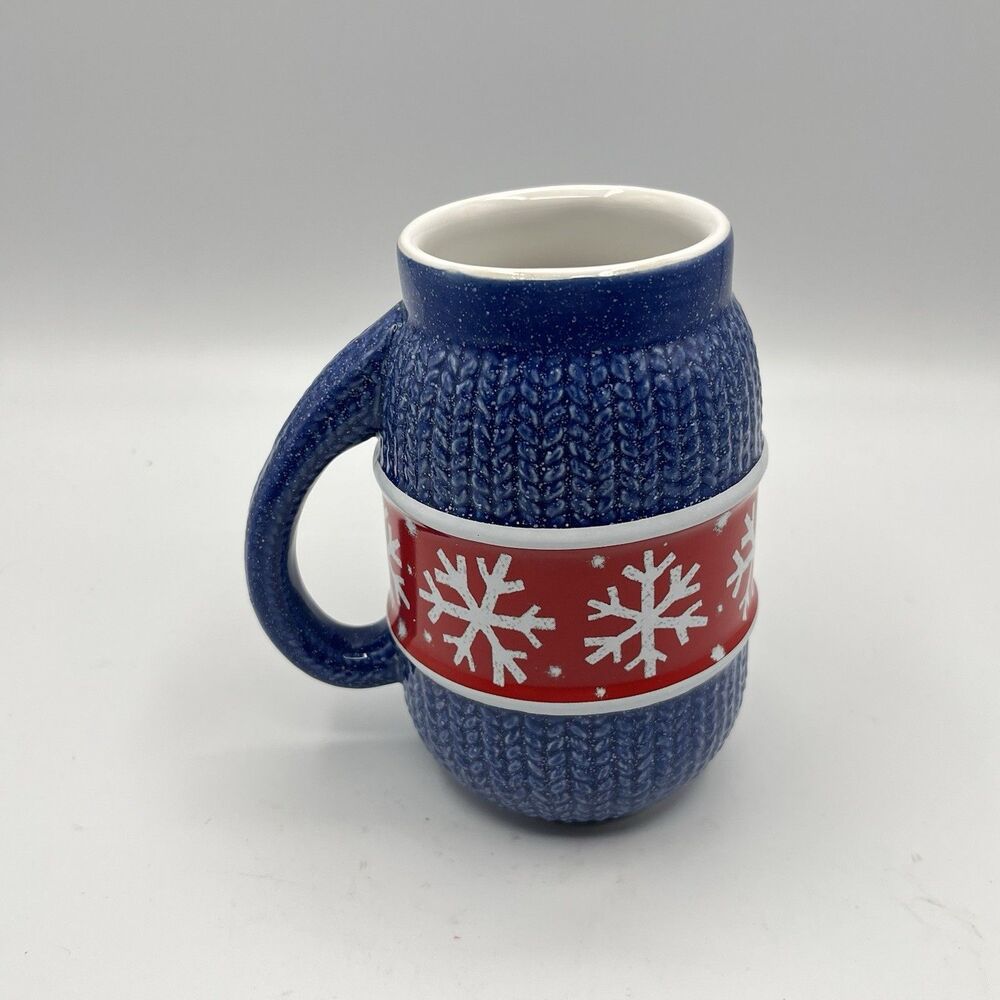Hallmark Collectible 5" Blue Sweater White Snowflake Christmas Cup Barrel Coffee